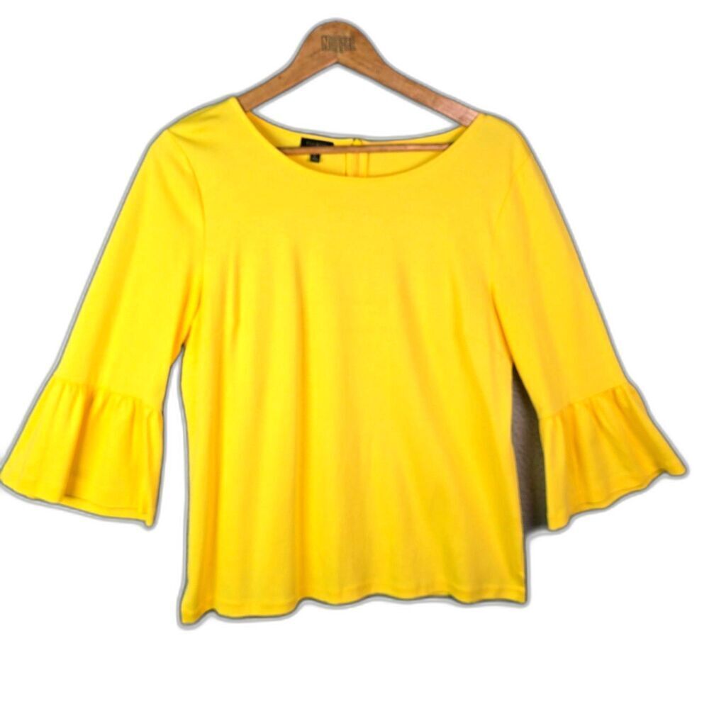 Talbots Blouse Yellow L Bell Sleeve 100 Cotton Boho Back Zip Swing